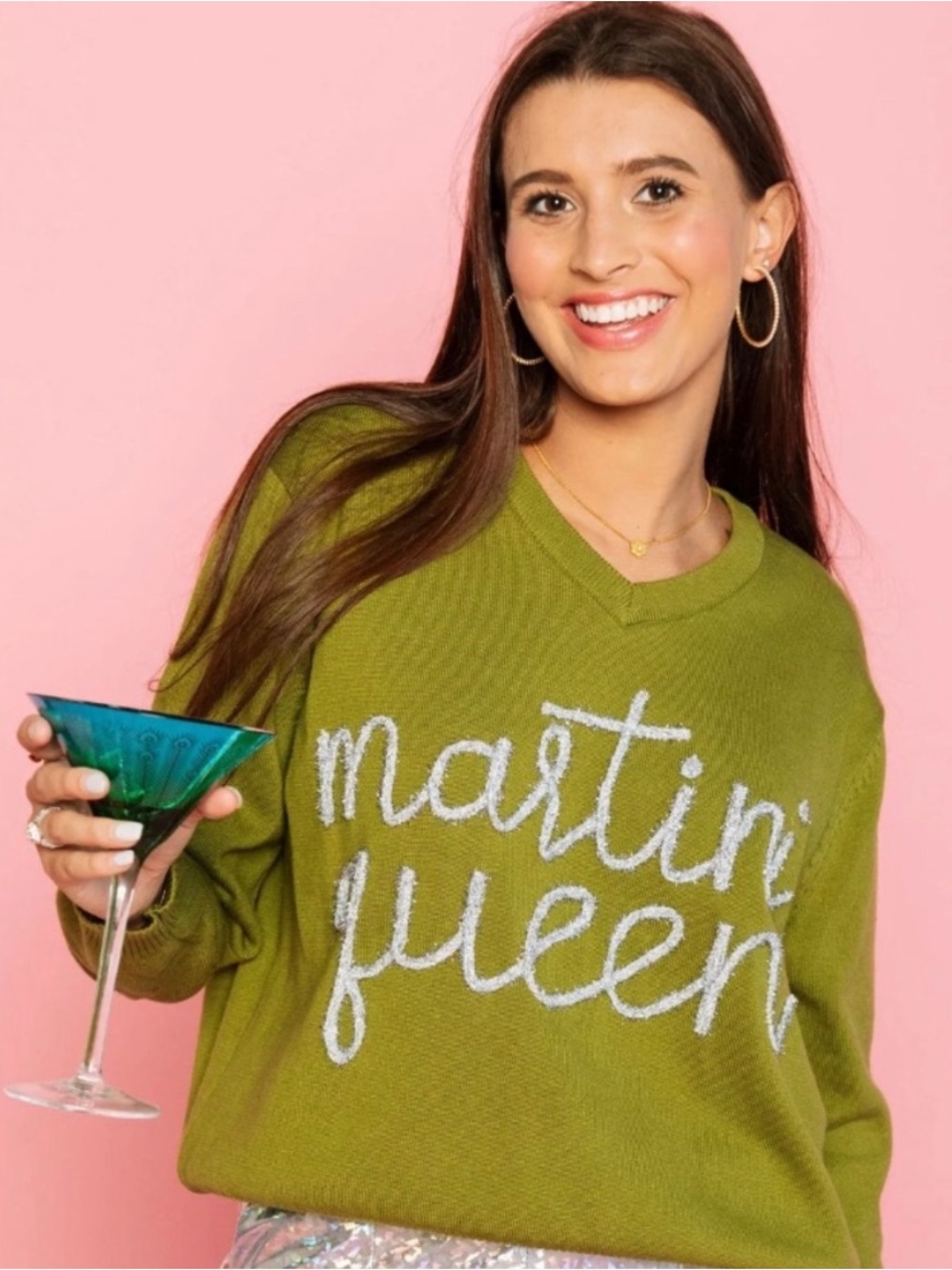 Queen of Sparkles Olive Martini Queen V Neck Sequin Elbow Patches Sweater